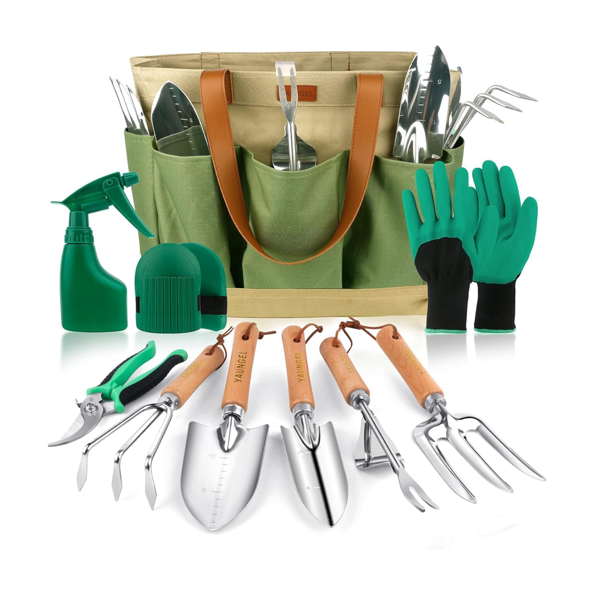 Conjunto de 10 ferramentas de jardinagem em aço inoxidável com cabos de madeira – Verde