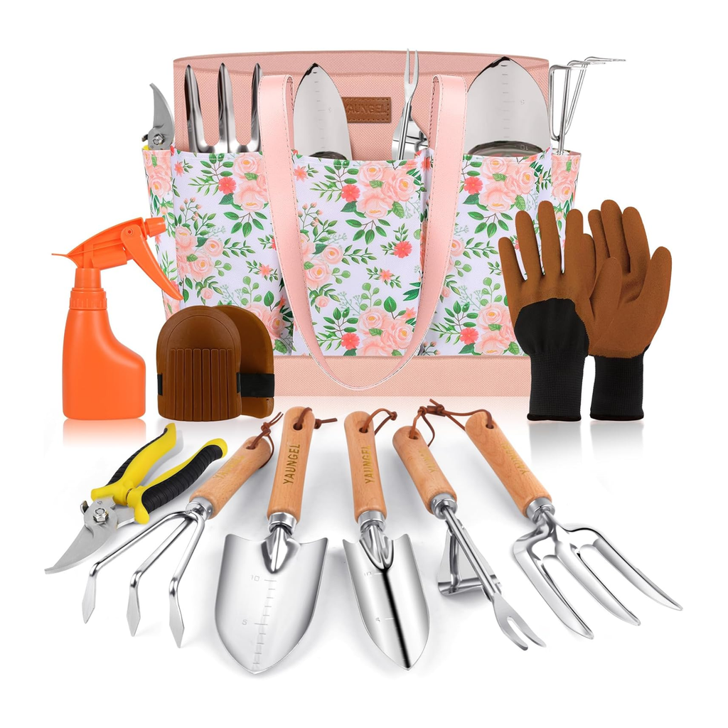 Conjunto de 10 ferramentas de jardinagem em aço inoxidável com cabos de madeira antiderrapantes – Rosa