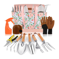 Conjunto de 10 ferramentas de jardinagem em aço inoxidável com cabos de madeira antiderrapantes – Rosa