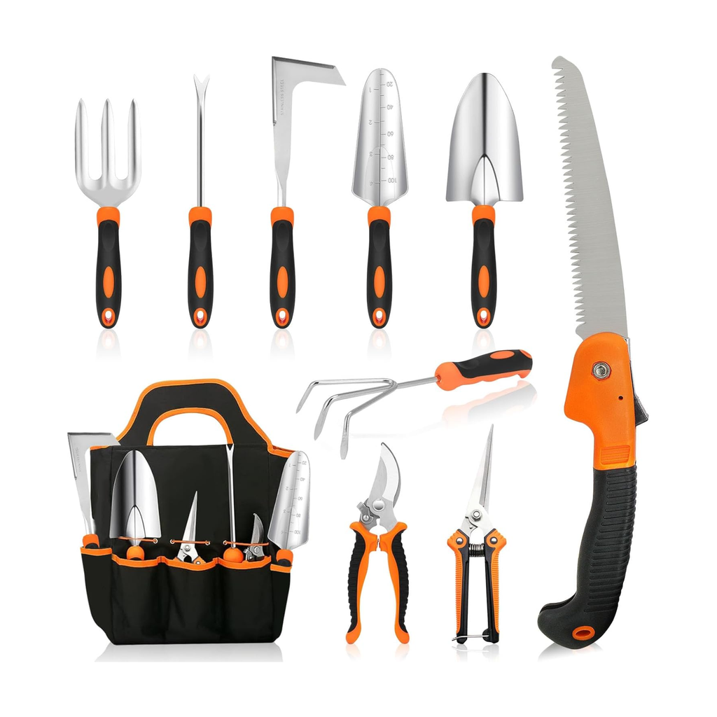 Conjunto de 10 ferramentas de jardinagem resistentes em aço inoxidável – Preto e laranja