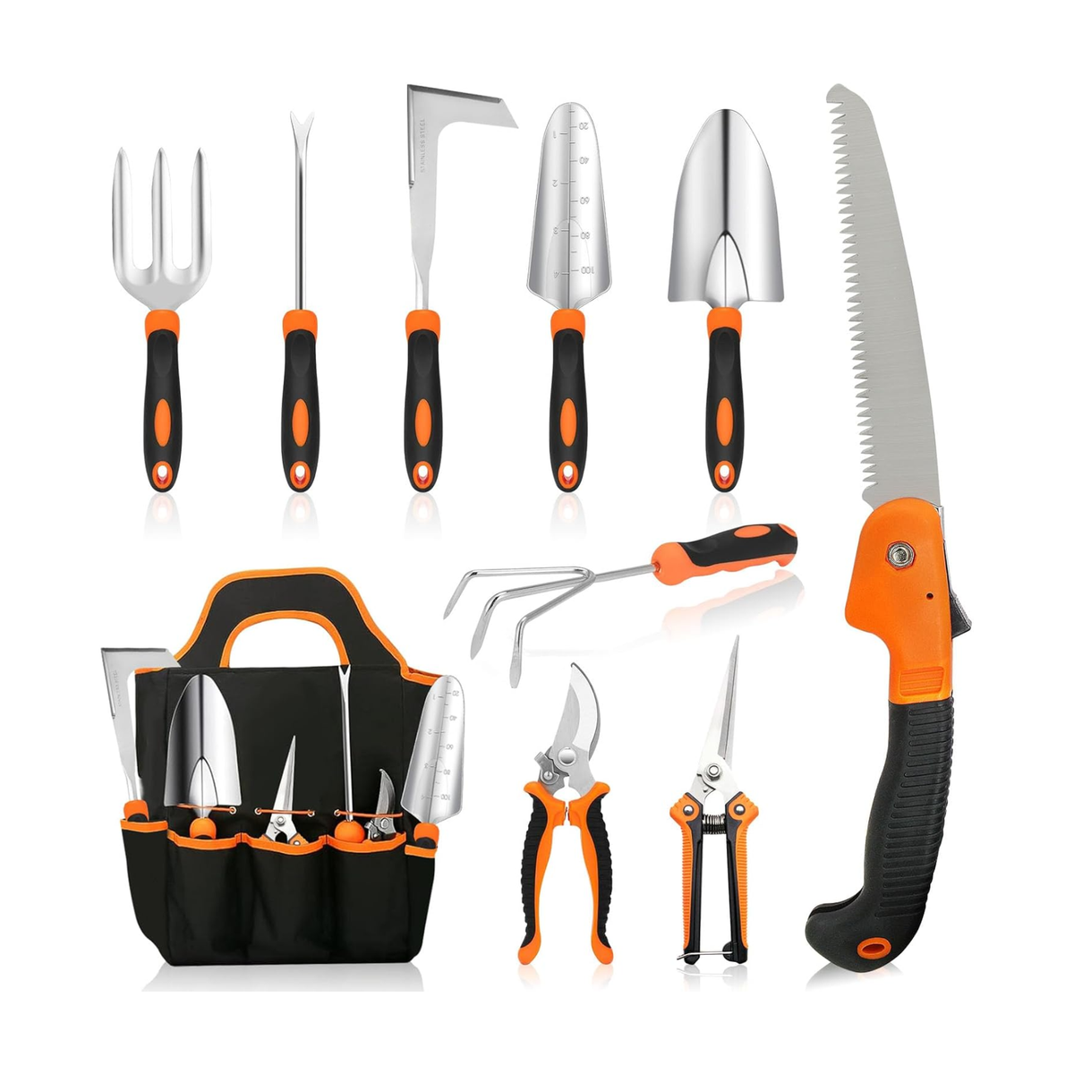 Conjunto de 10 ferramentas de jardinagem resistentes em aço inoxidável – Preto e laranja