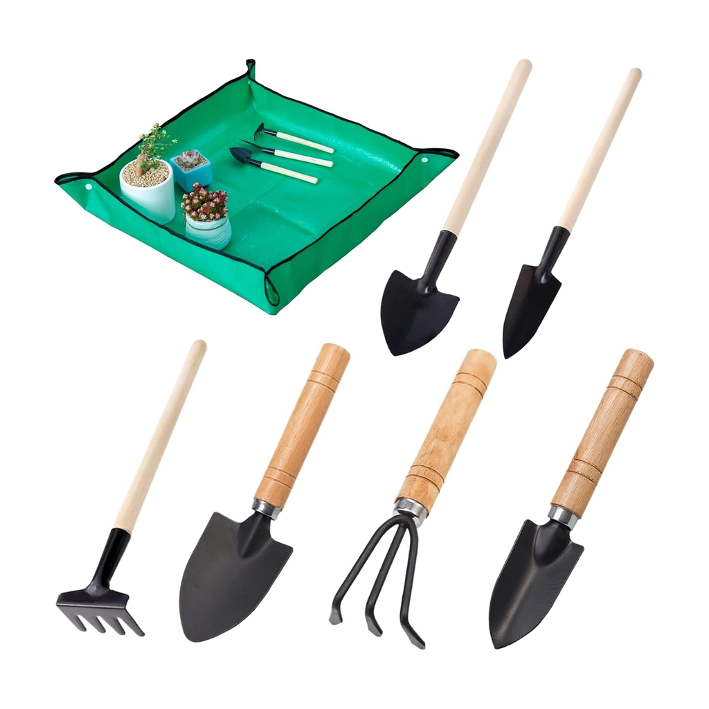Conjunto de 7 mini ferramentas de jardinagem em metal com cabos de madeira para bonsai, vasos e flores