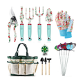 Conjunto de 16 ferramentas de jardinagem com padrão floral, tesoura de poda e saco de arrumação – Verde