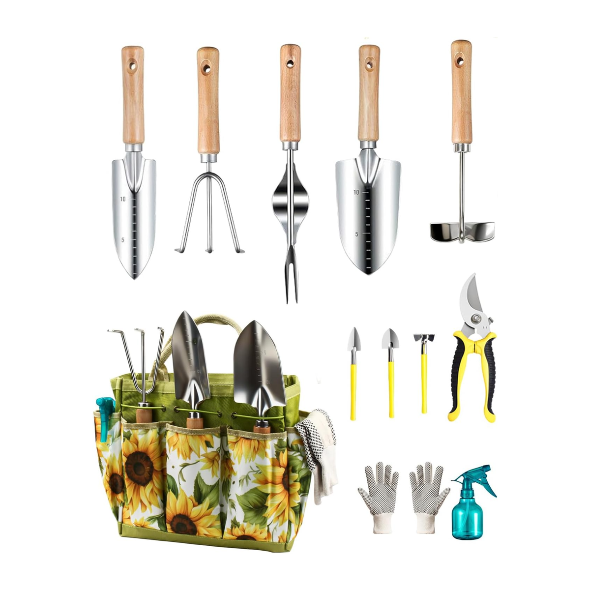 Conjunto de 12 ferramentas de jardinagem em aço inoxidável com cabos de madeira e saco impermeável com padrão de girassóis