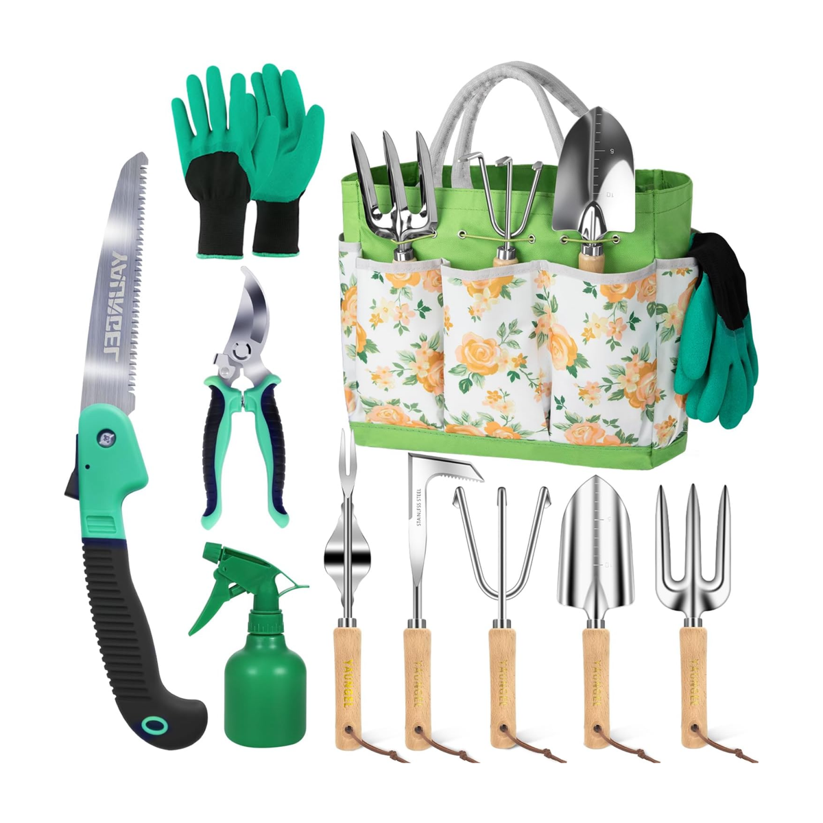 Conjunto de 10 ferramentas de jardinagem em aço inoxidável com cabos de madeira antiderrapantes – Verde floral