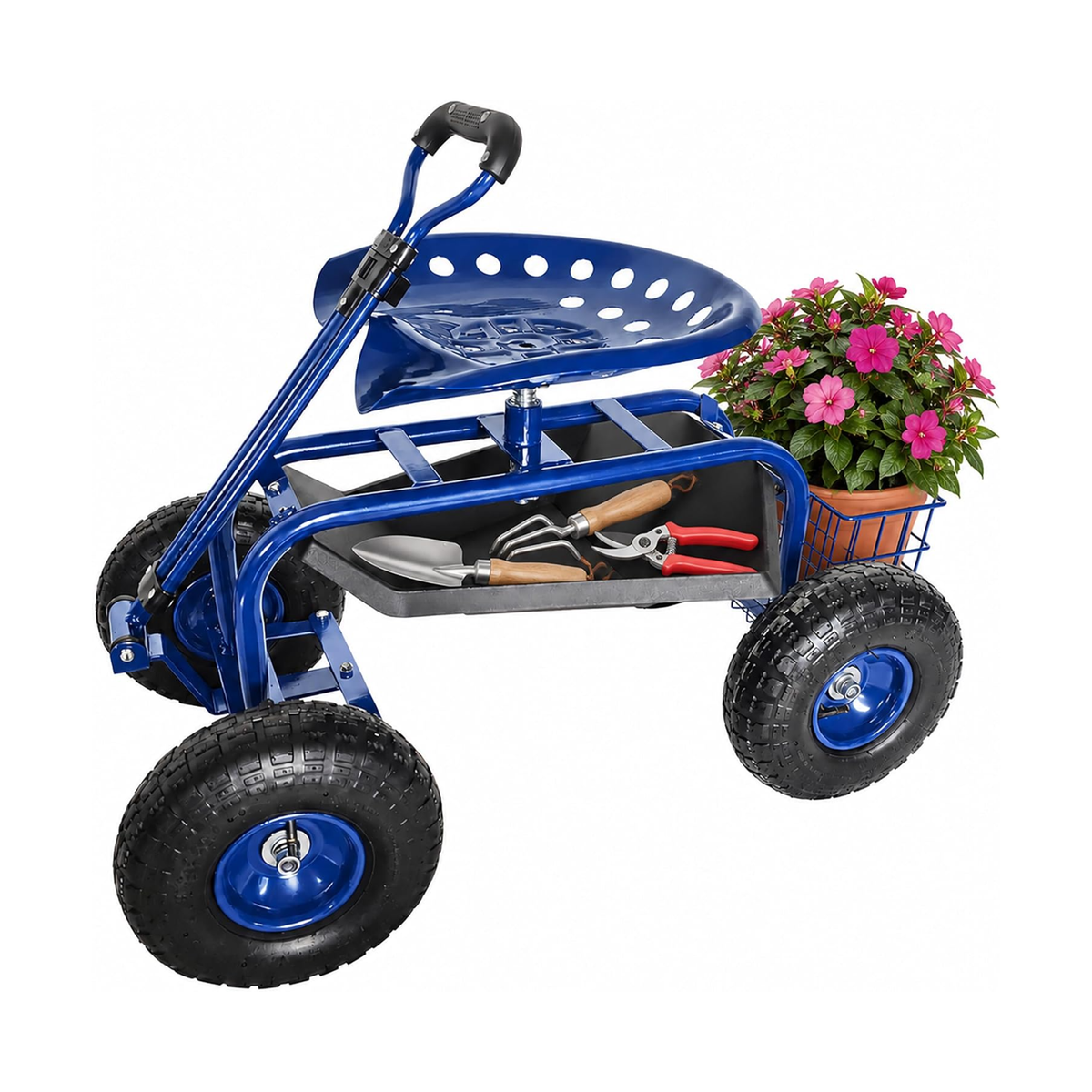 Carrinho de jardinagem com assento regulável, 4 rodas pneumáticas e espaço de arrumação – Azul