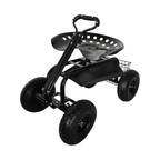 Carrinho de jardinagem com assento regulável, 4 rodas pneumáticas e espaço de arrumação – Preto