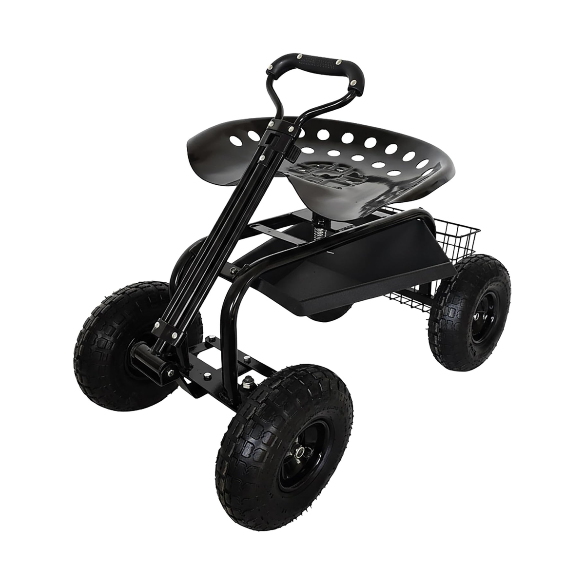 Carrinho de jardinagem com assento regulável, 4 rodas pneumáticas e espaço de arrumação – Preto