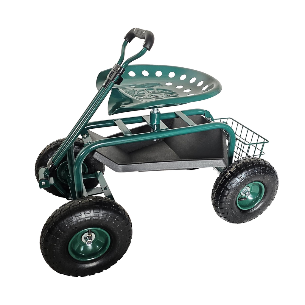 Carrinho de jardinagem com assento regulável, 4 rodas pneumáticas e espaço de arrumação – Verde