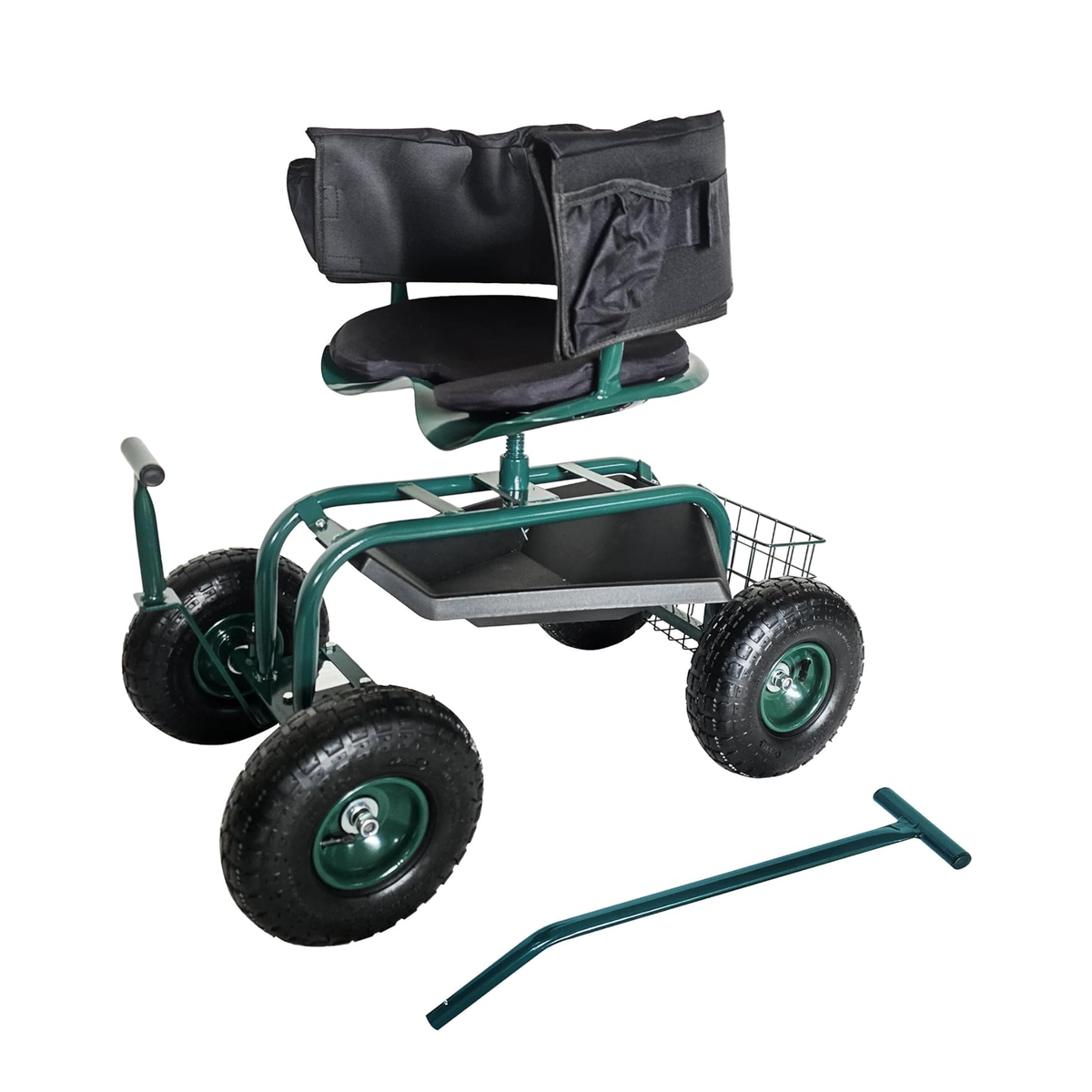 Carrinho de jardinagem com assento regulável, encosto, almofada e espaço de arrumação – Verde