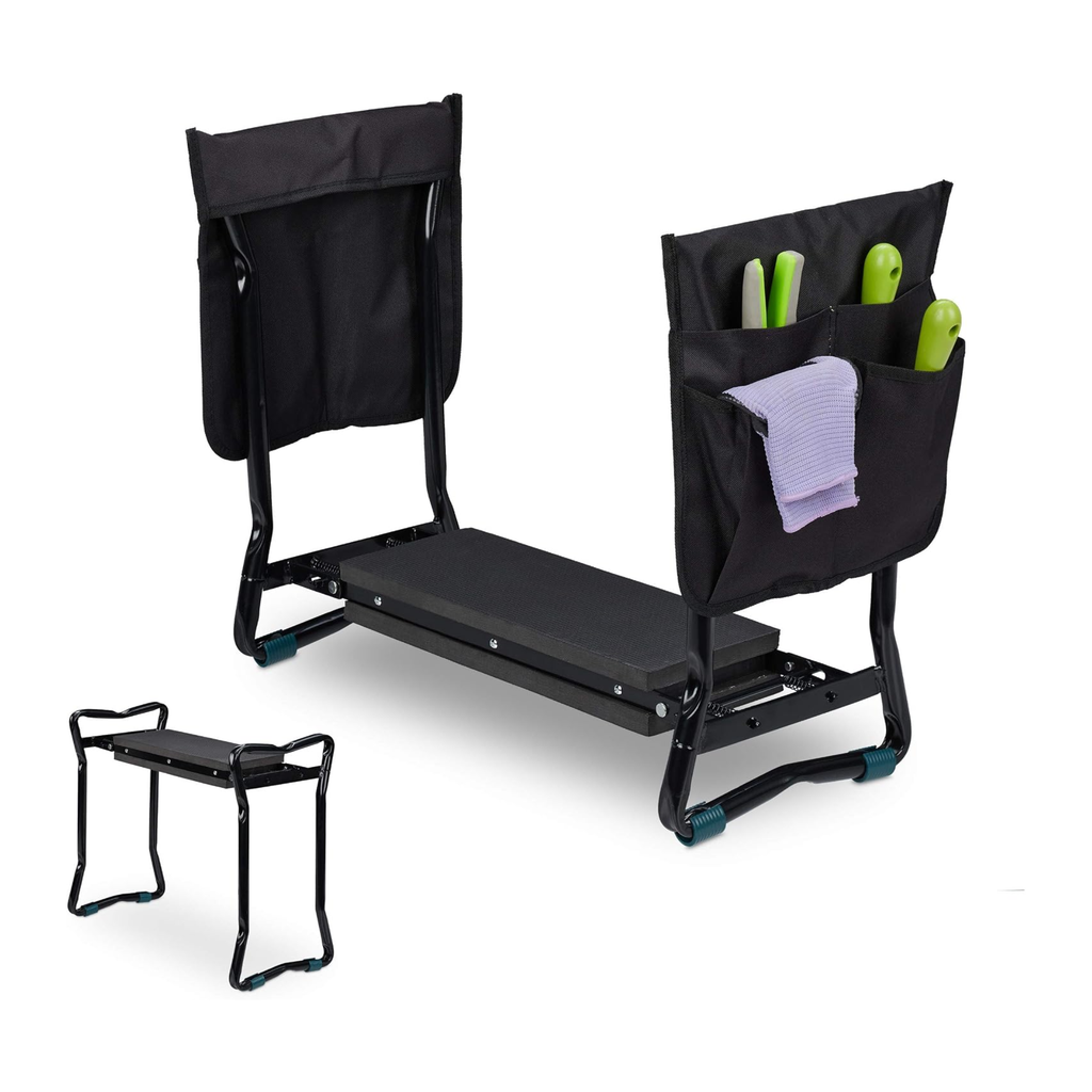 Banco de jardim e ajoelhador dobrável, até 150 kg, com 2 bolsos – Preto