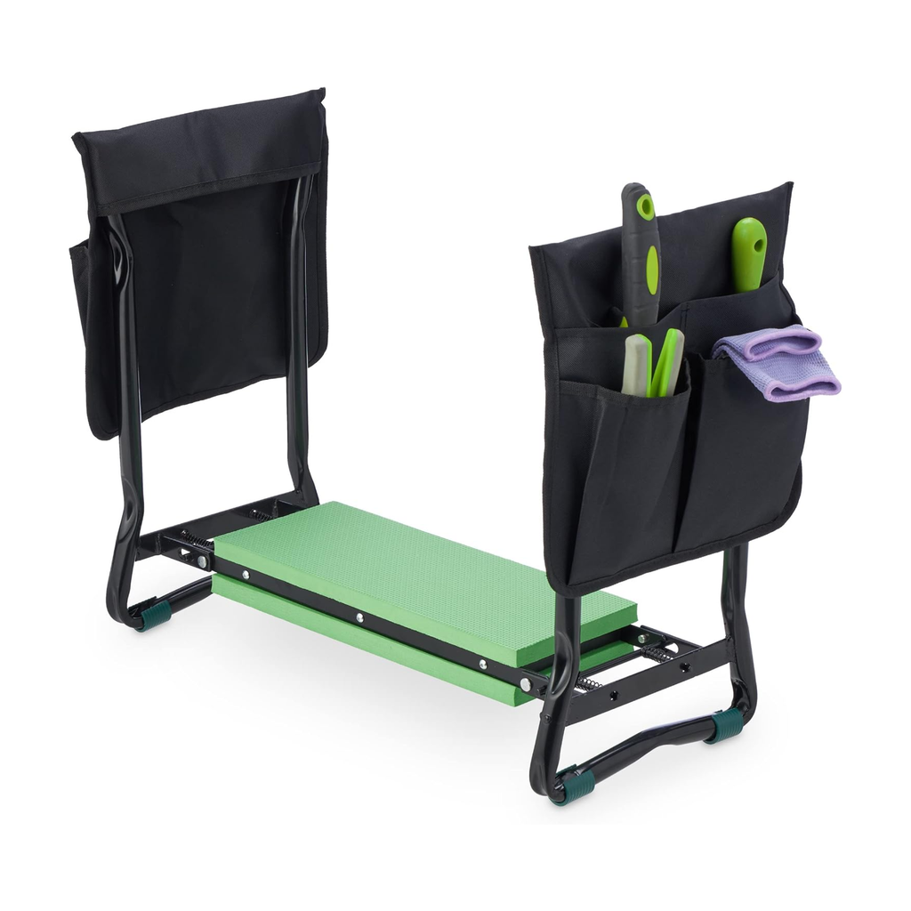 Banco de jardim e ajoelhador dobrável, até 150 kg, com 2 bolsos – Preto e verde