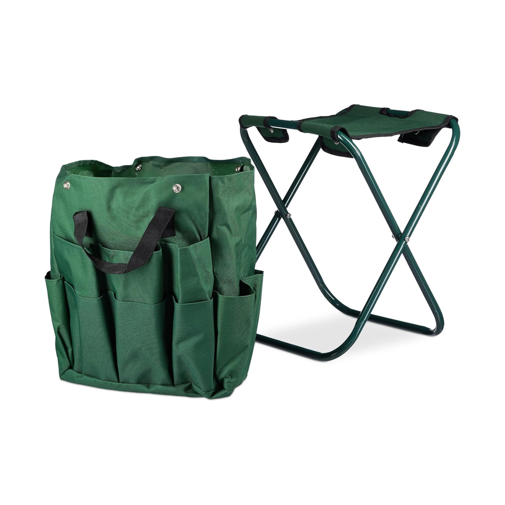 Banco dobrável de jardinagem com saco organizador para ferramentas – Verde escuro, 42 × 30 × 39 cm
