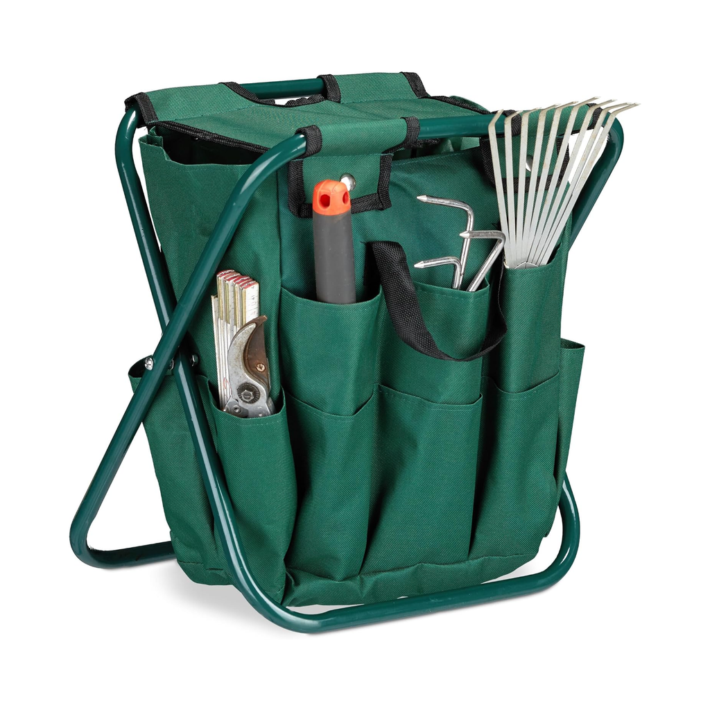 Banco dobrável de jardinagem com saco organizador para ferramentas – Verde escuro, 42 × 30 × 39 cm