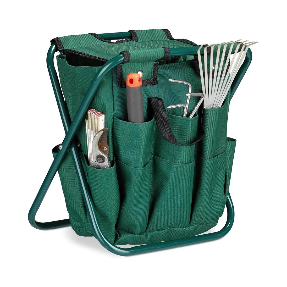Banco dobrável de jardinagem com saco organizador para ferramentas – Verde escuro, 42 × 30 × 39 cm