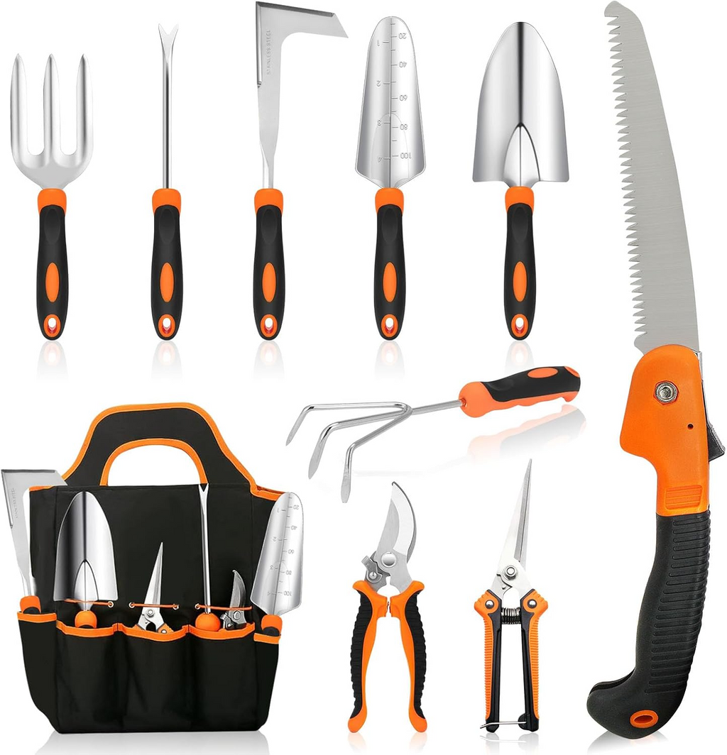 Conjunto de 10 ferramentas de jardinagem resistentes em aço inoxidável – Preto e laranja