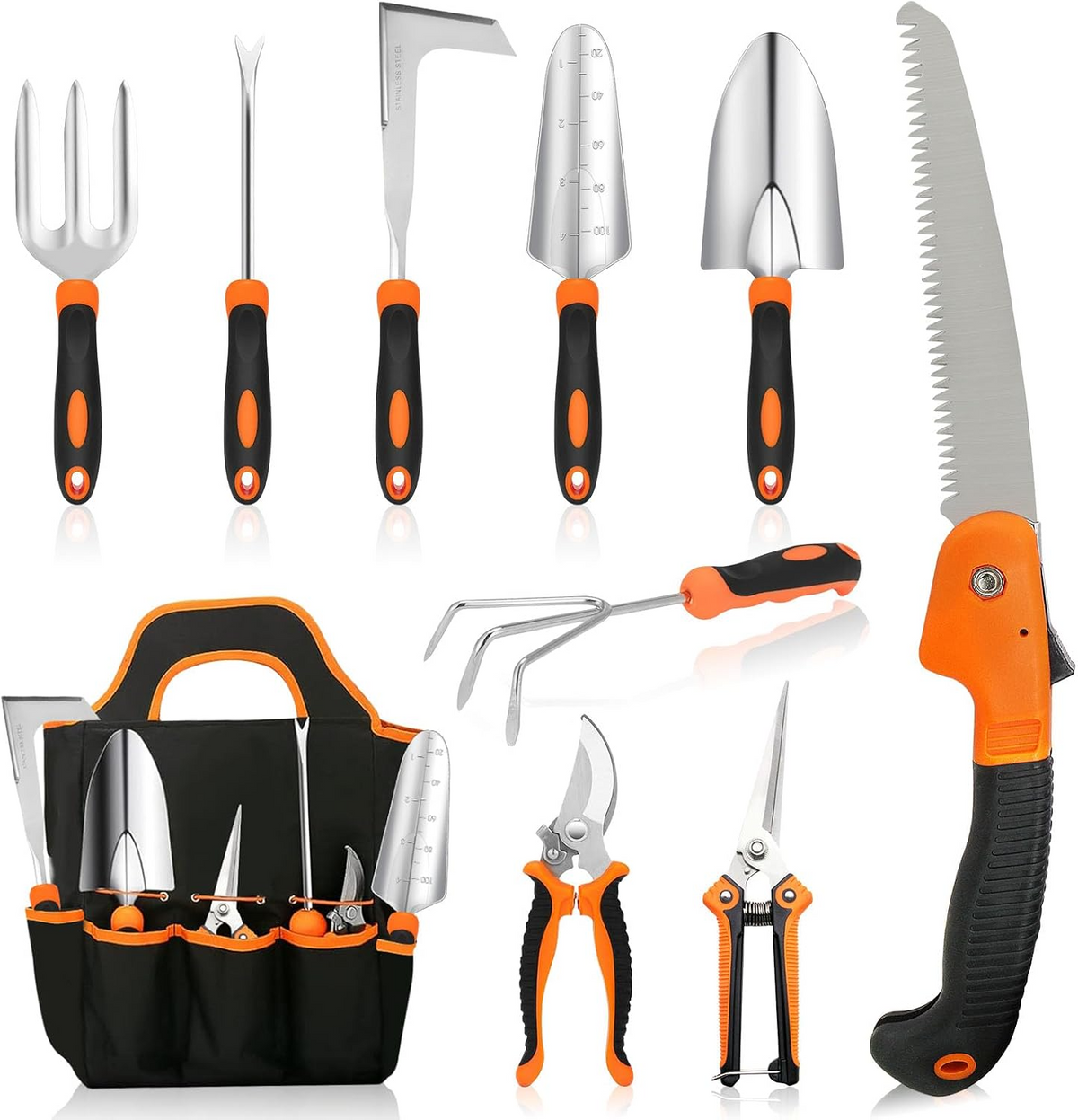 Conjunto de 10 ferramentas de jardinagem resistentes em aço inoxidável – Preto e laranja