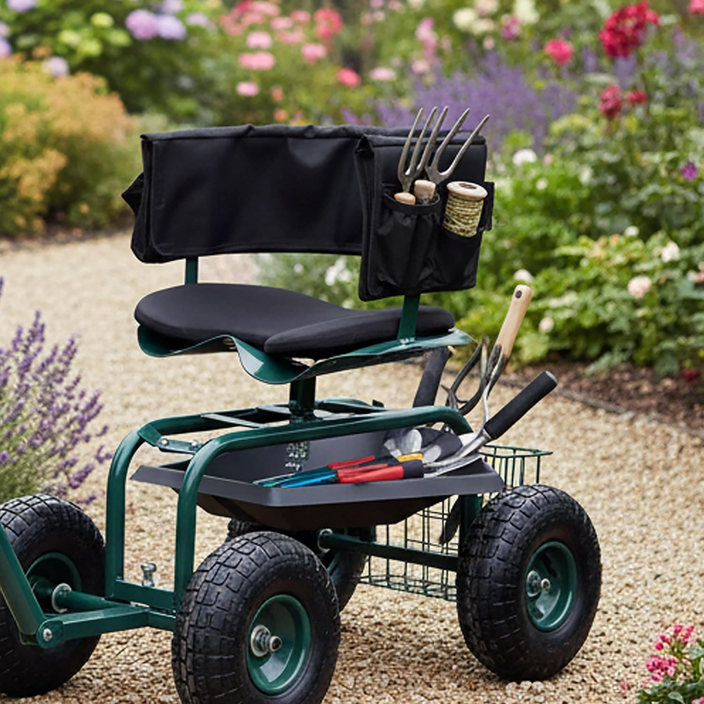 Carrinho de jardinagem com assento regulável, encosto, almofada e espaço de arrumação – Verde