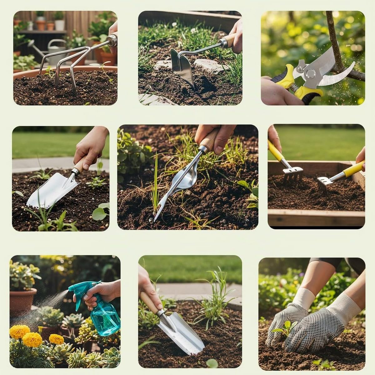 Conjunto de 12 ferramentas de jardinagem em aço inoxidável com cabos de madeira e saco impermeável com padrão de girassóis