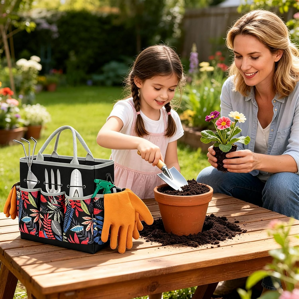 Conjunto de 12 peças de jardinagem em aço inoxidável com pá, tesoura de poda e saco de arrumação