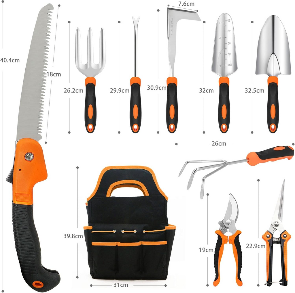 Conjunto de 10 ferramentas de jardinagem resistentes em aço inoxidável – Preto e laranja
