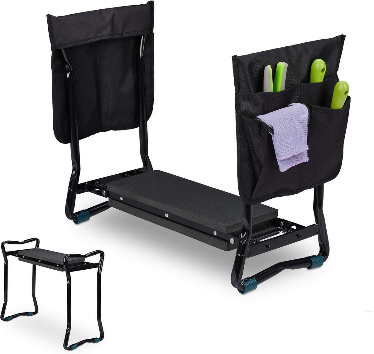 Banco de jardim e ajoelhador dobrável, até 150 kg, com 2 bolsos – Preto