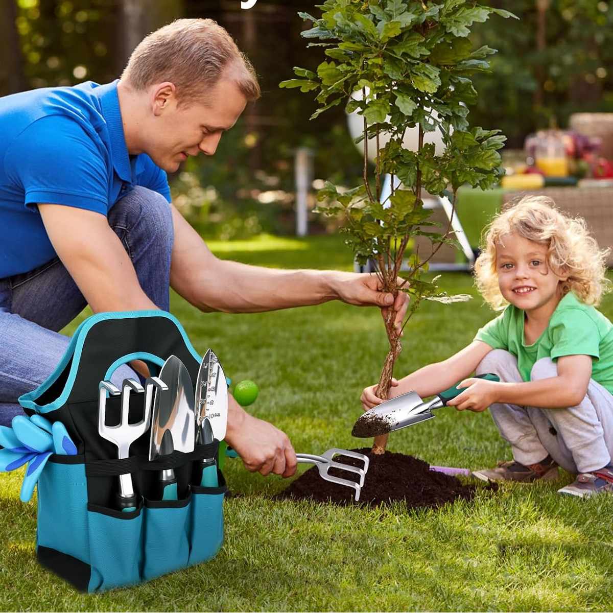 Conjunto de 7 ferramentas de jardinagem resistentes com saco de arrumação – Verde