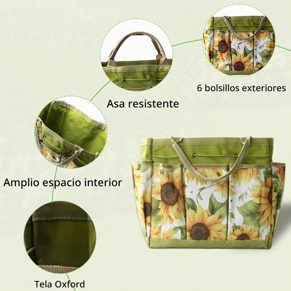 Conjunto de 12 ferramentas de jardinagem em aço inoxidável com cabos de madeira e saco impermeável com padrão de girassóis