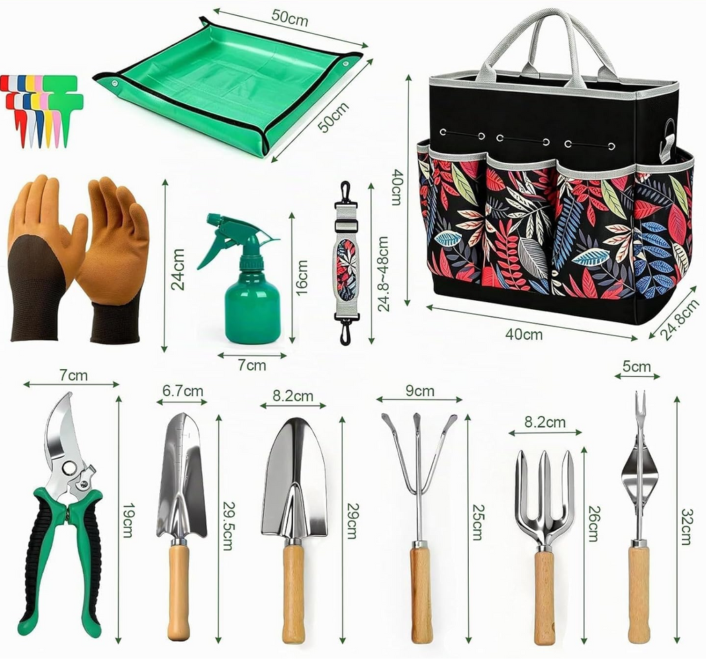 Conjunto de 12 peças de jardinagem em aço inoxidável com pá, tesoura de poda e saco de arrumação