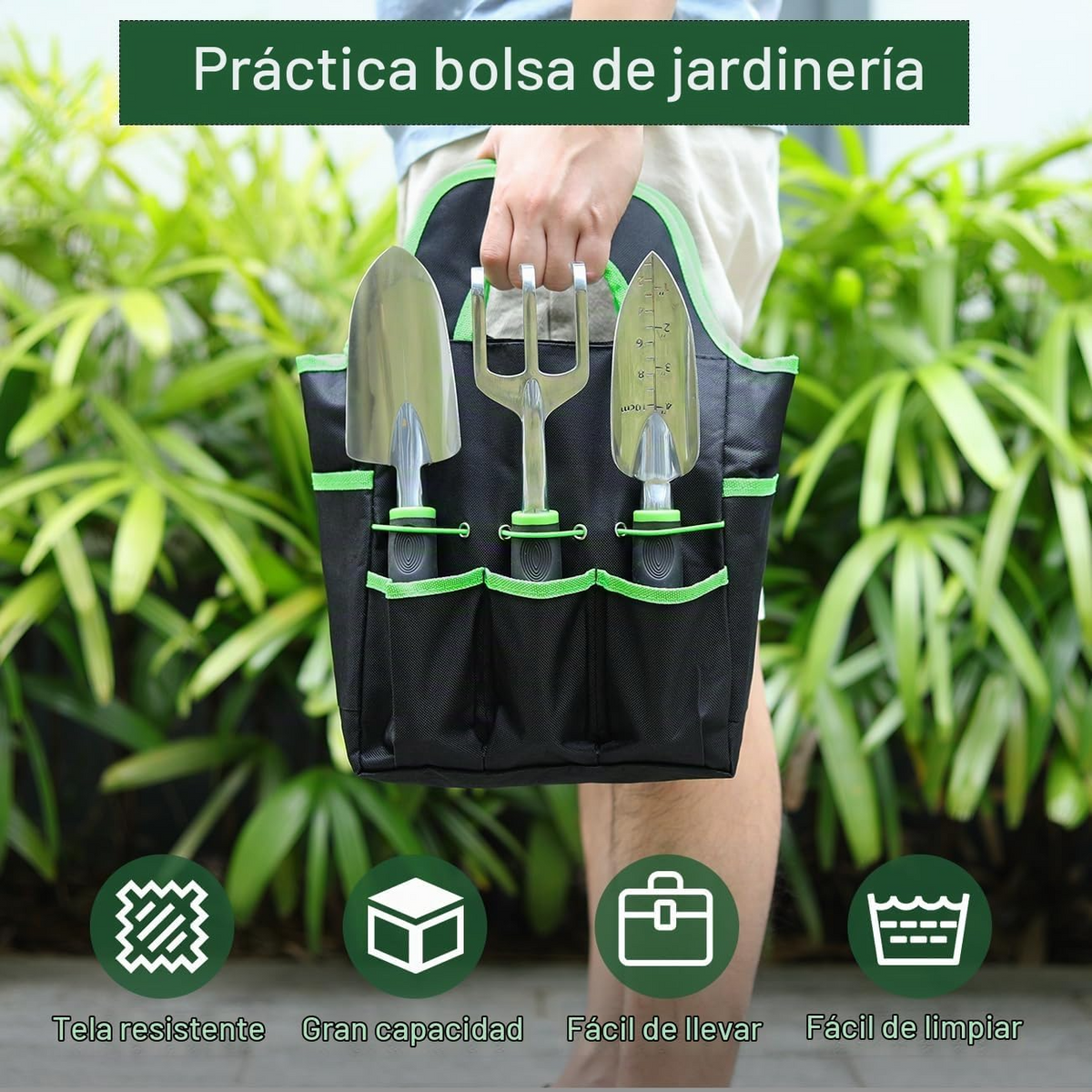Conjunto de 8 ferramentas de jardinagem em liga de alumínio com saco de arrumação – Verde
