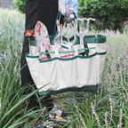Conjunto de 16 ferramentas de jardinagem com padrão floral, tesoura de poda e saco de arrumação – Verde