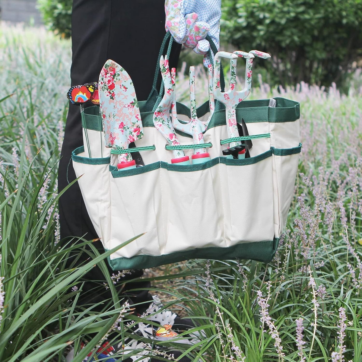 Conjunto de 16 ferramentas de jardinagem com padrão floral, tesoura de poda e saco de arrumação – Verde