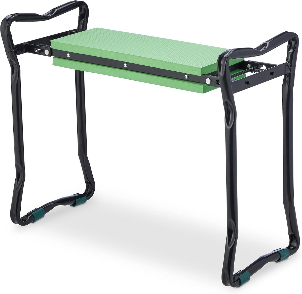 Banco de jardim e ajoelhador dobrável, até 150 kg, com 2 bolsos – Preto e verde