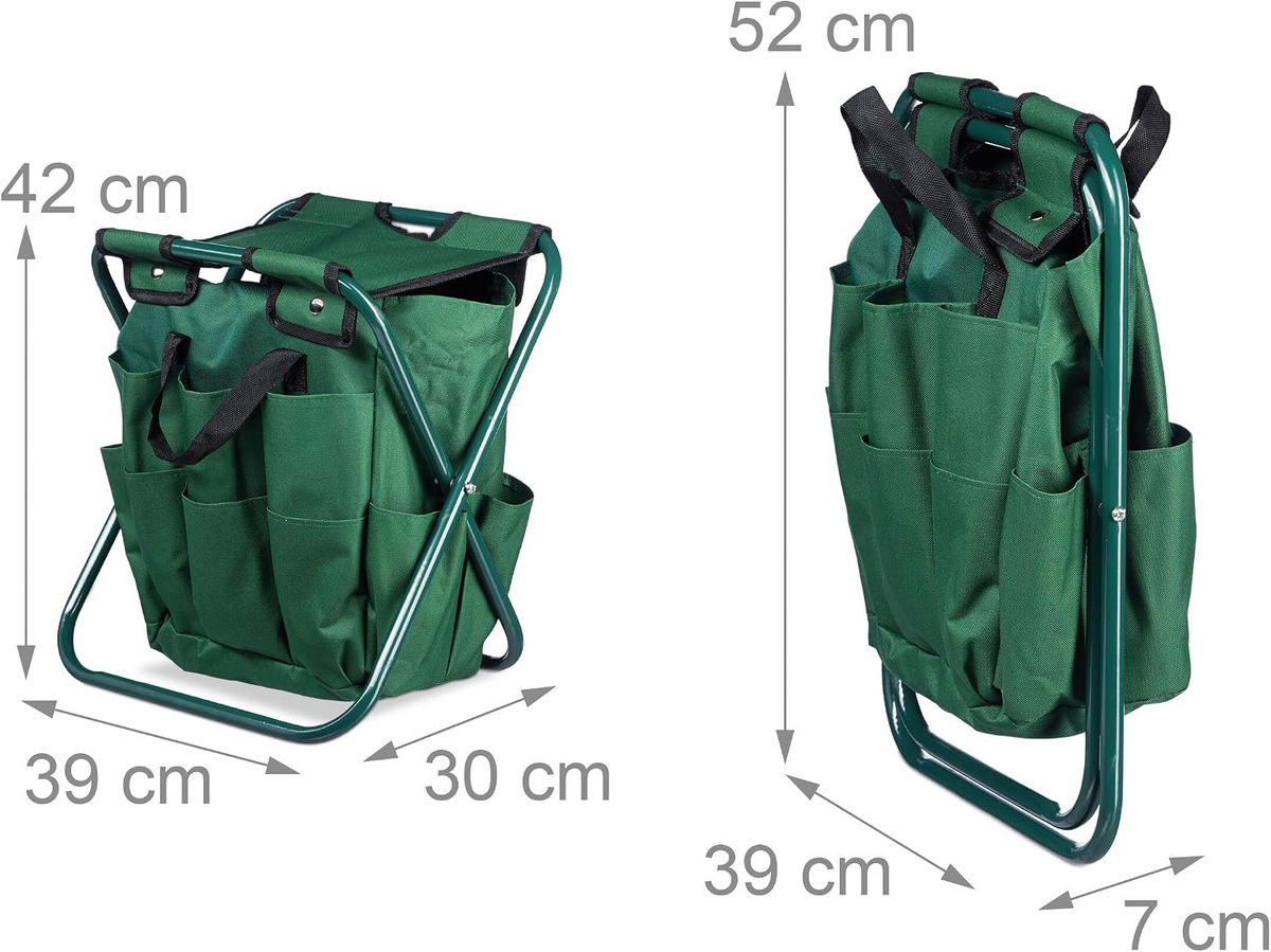Banco dobrável de jardinagem com saco organizador para ferramentas – Verde escuro, 42 × 30 × 39 cm