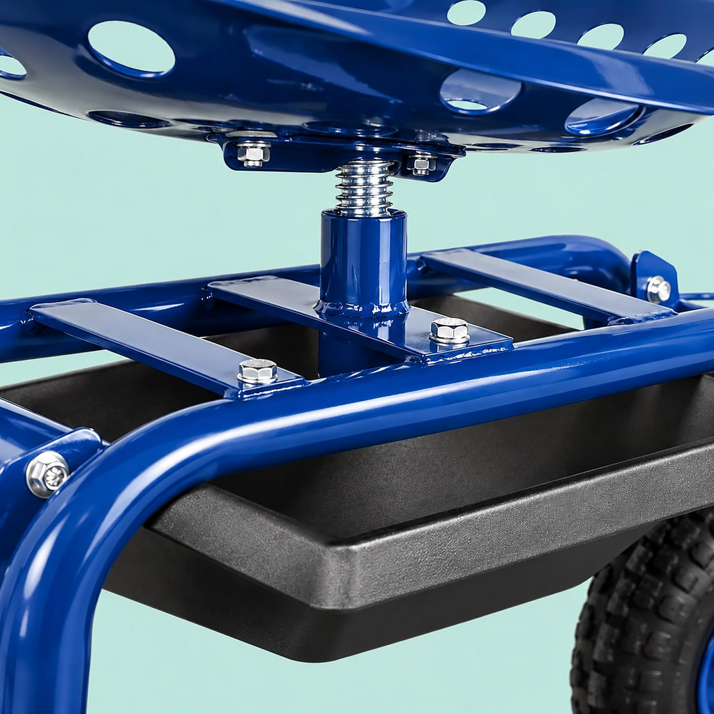 Carrinho de jardinagem com assento regulável, 4 rodas pneumáticas e espaço de arrumação – Azul