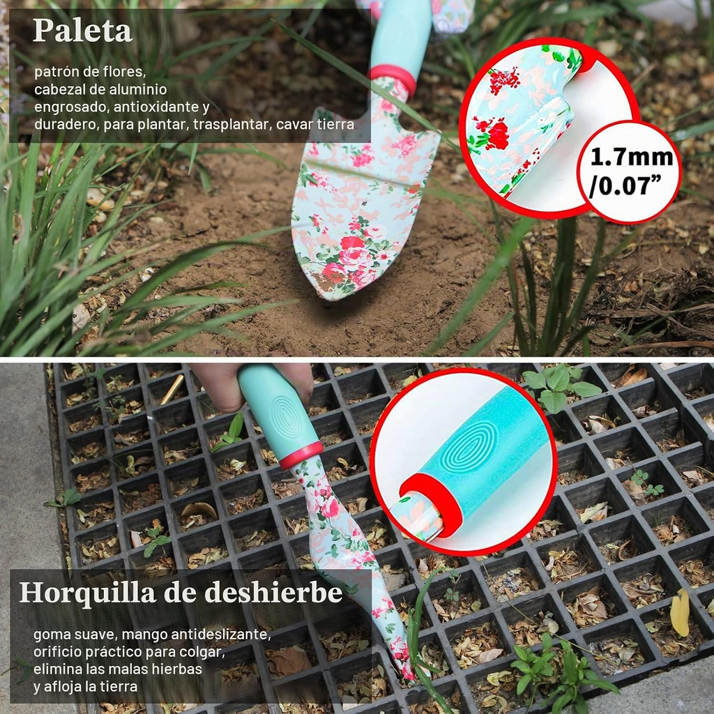 Conjunto de 16 ferramentas de jardinagem com padrão floral, tesoura de poda e saco de arrumação – Verde
