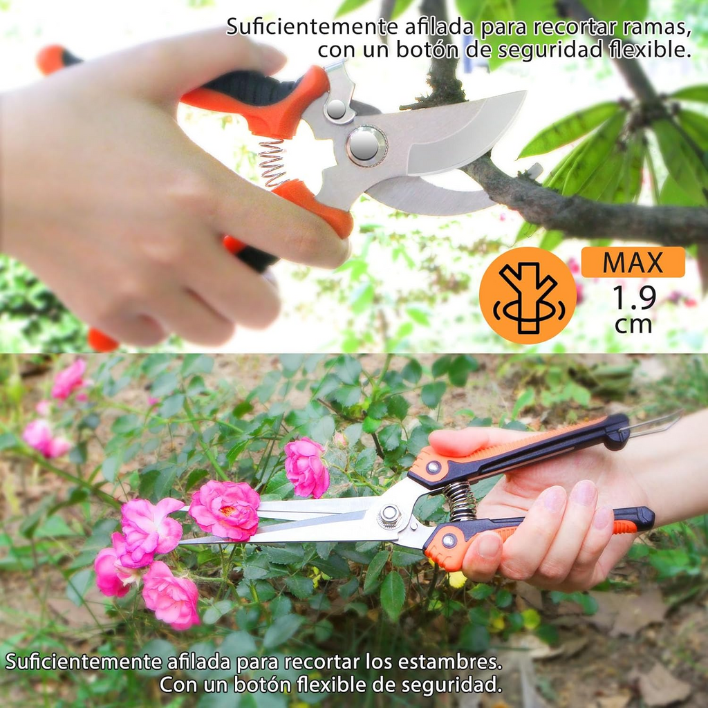 Conjunto de 10 ferramentas de jardinagem resistentes em aço inoxidável – Preto e laranja