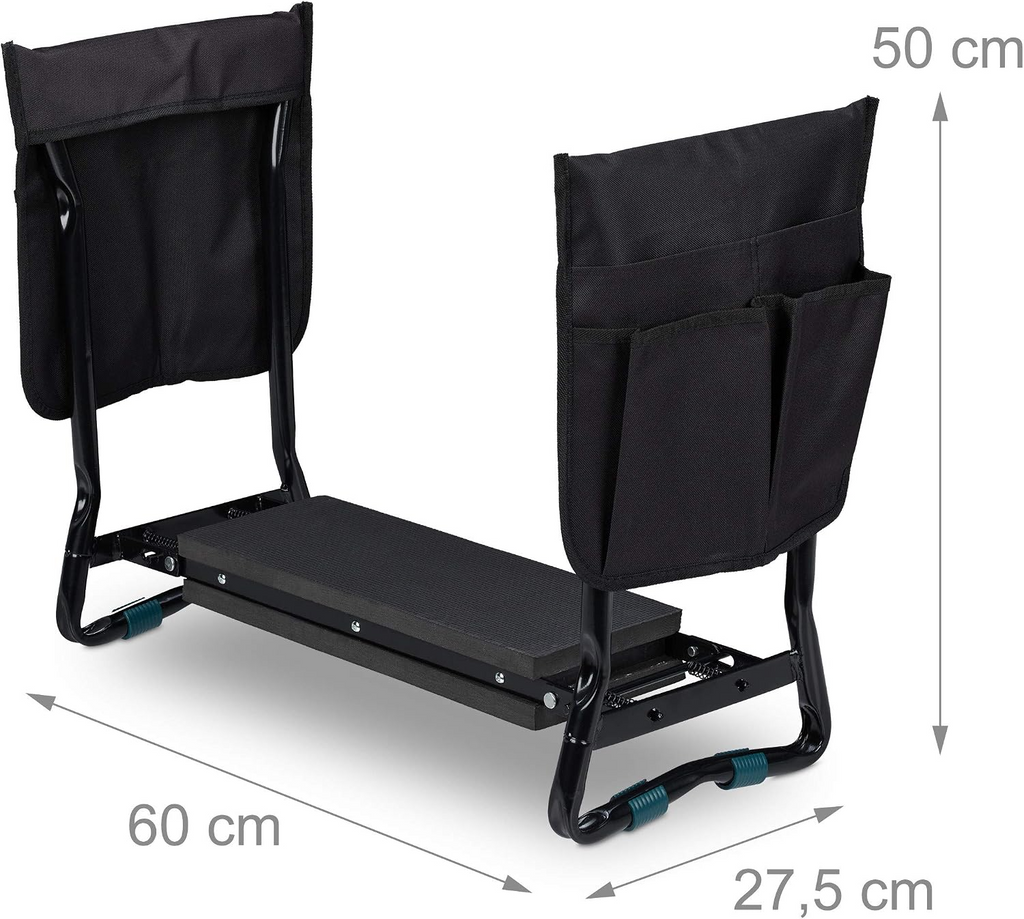 Banco de jardim e ajoelhador dobrável, até 150 kg, com 2 bolsos – Preto