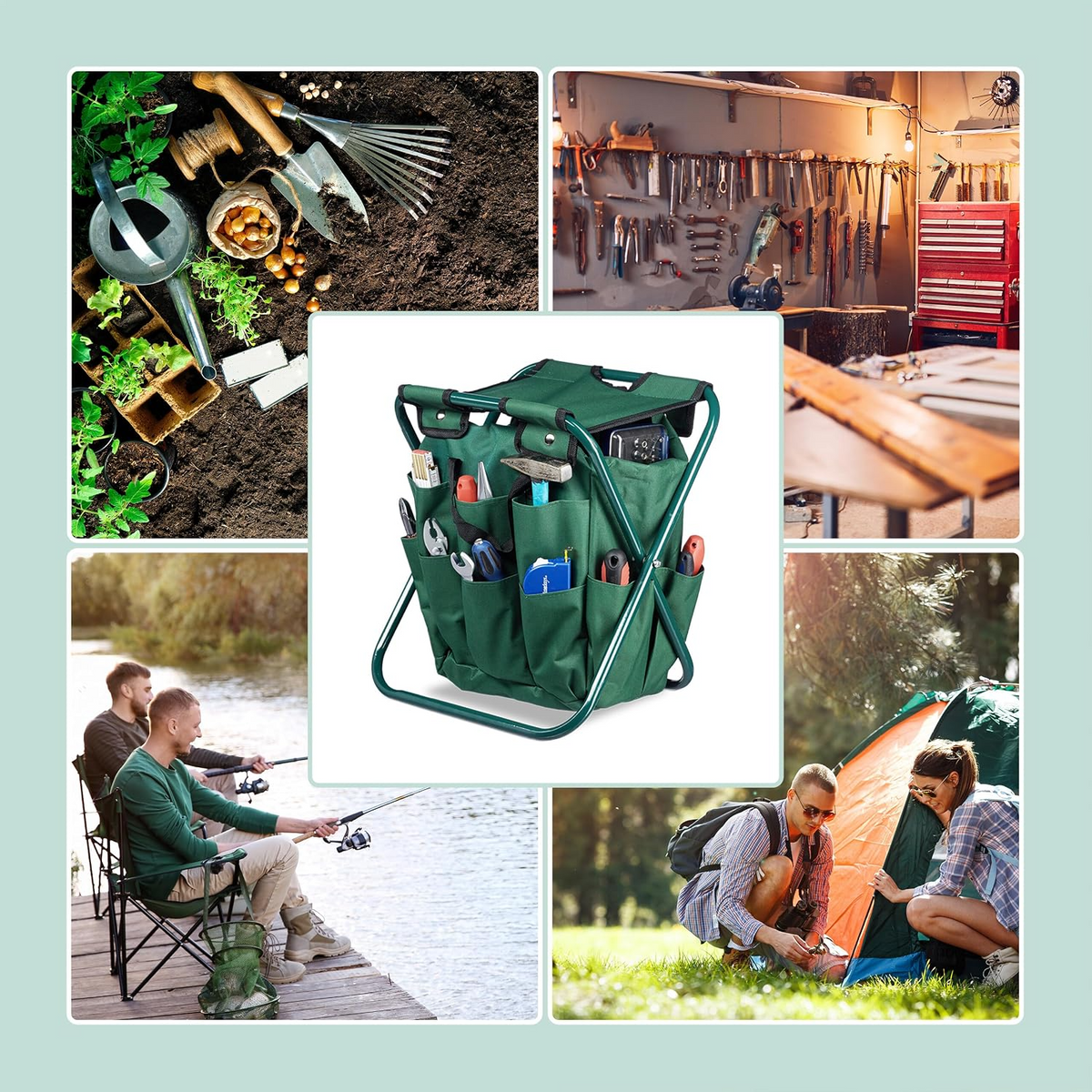 Banco dobrável de jardinagem com saco organizador para ferramentas – Verde escuro, 42 × 30 × 39 cm