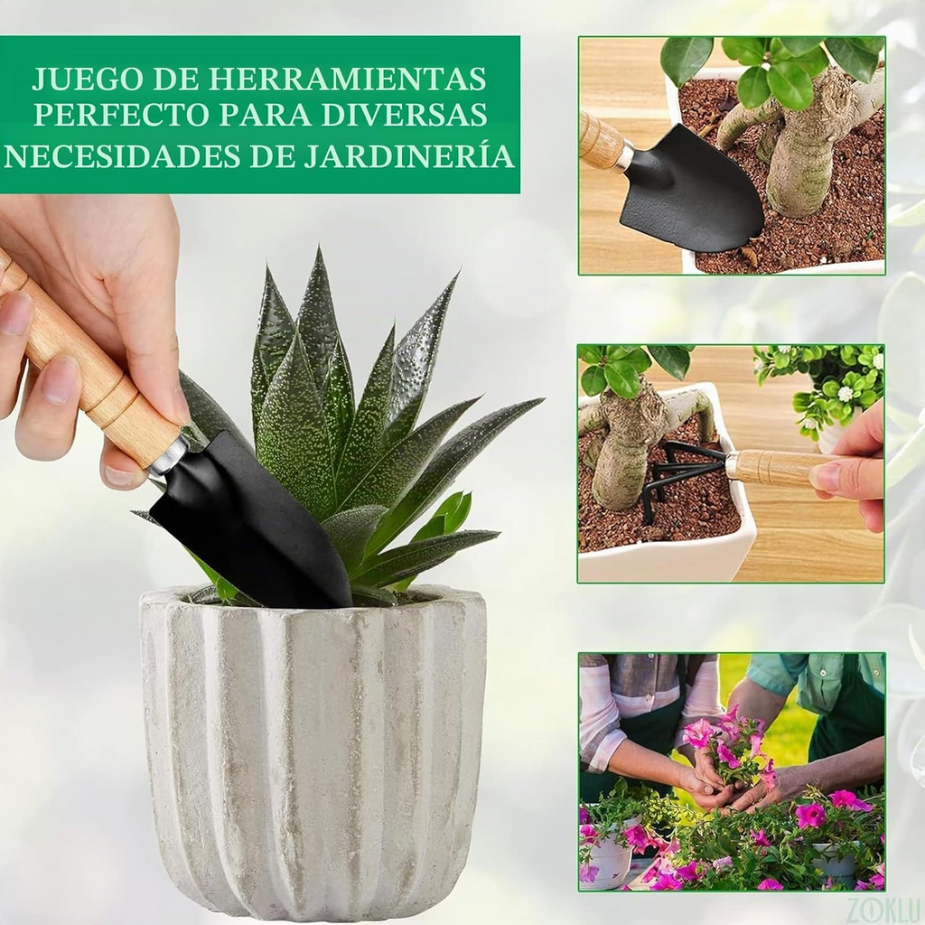 Conjunto de 7 mini ferramentas de jardinagem em metal com cabos de madeira para bonsai, vasos e flores
