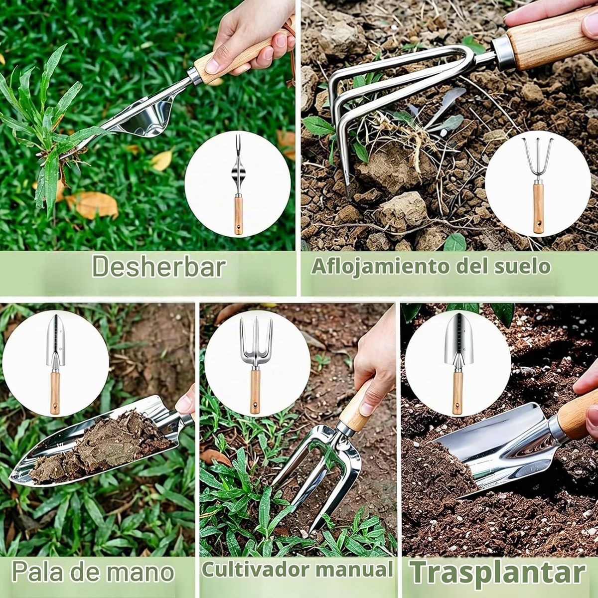 Conjunto de 12 peças de jardinagem em aço inoxidável com pá, tesoura de poda e saco de arrumação