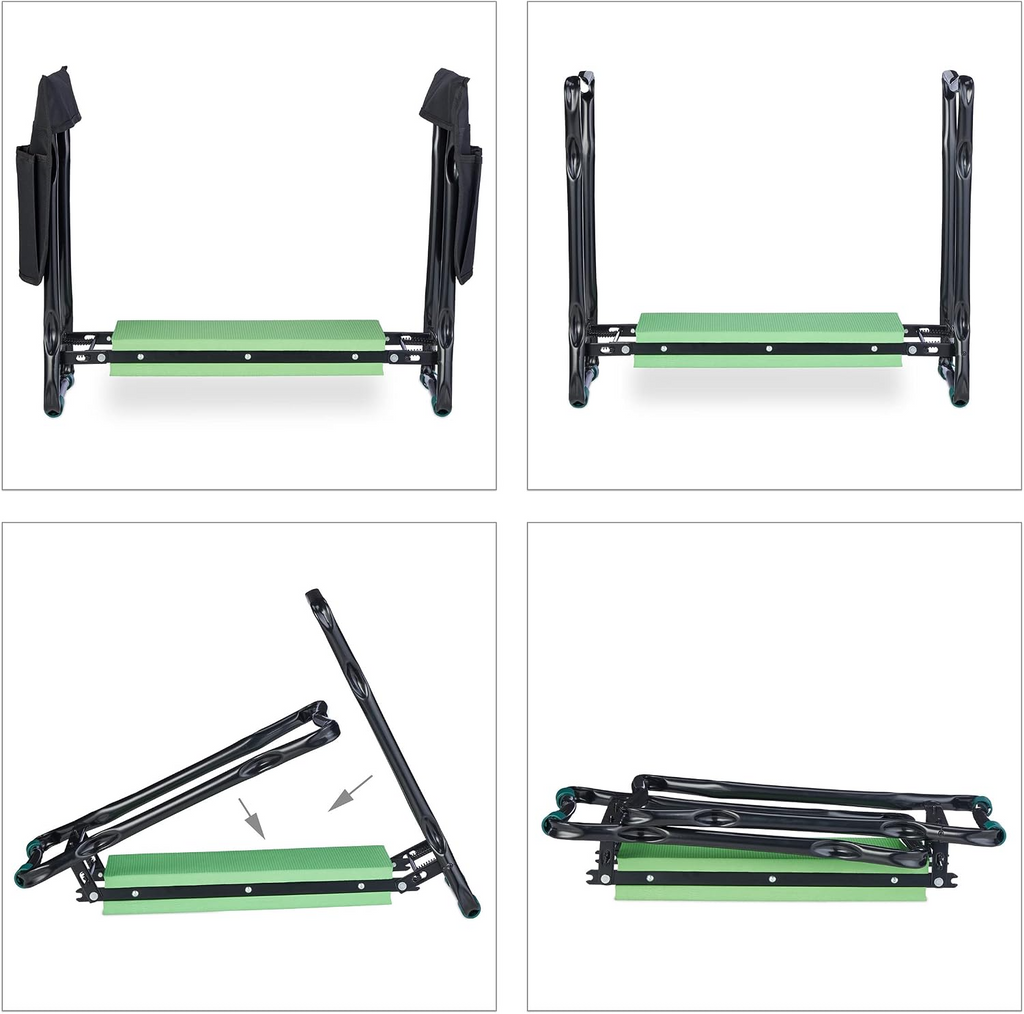 Banco de jardim e ajoelhador dobrável, até 150 kg, com 2 bolsos – Preto e verde
