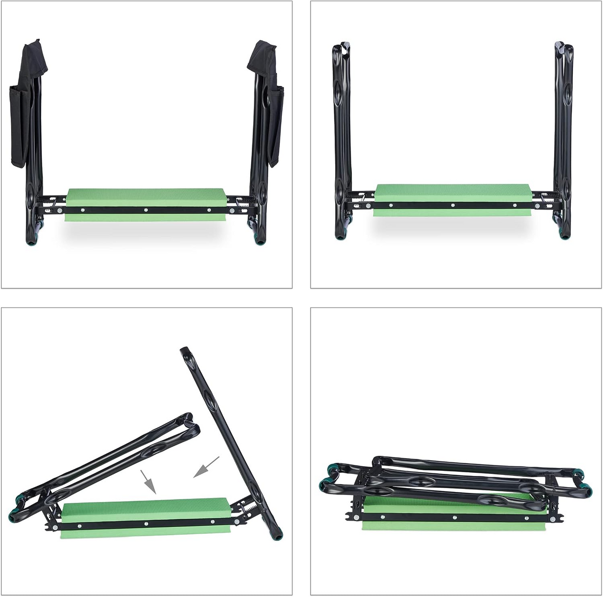 Banco de jardim e ajoelhador dobrável, até 150 kg, com 2 bolsos – Preto e verde