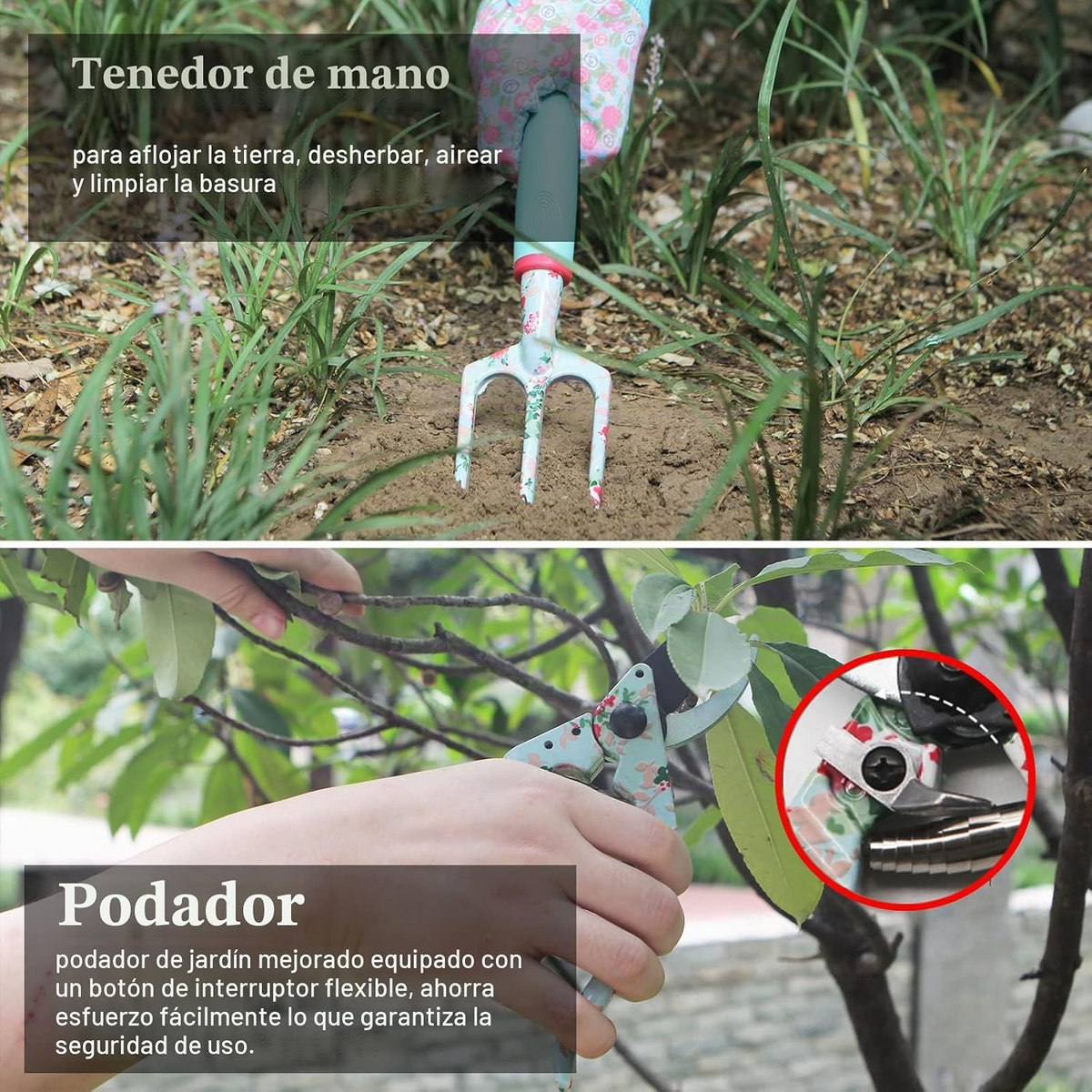 Conjunto de 16 ferramentas de jardinagem com padrão floral, tesoura de poda e saco de arrumação – Verde
