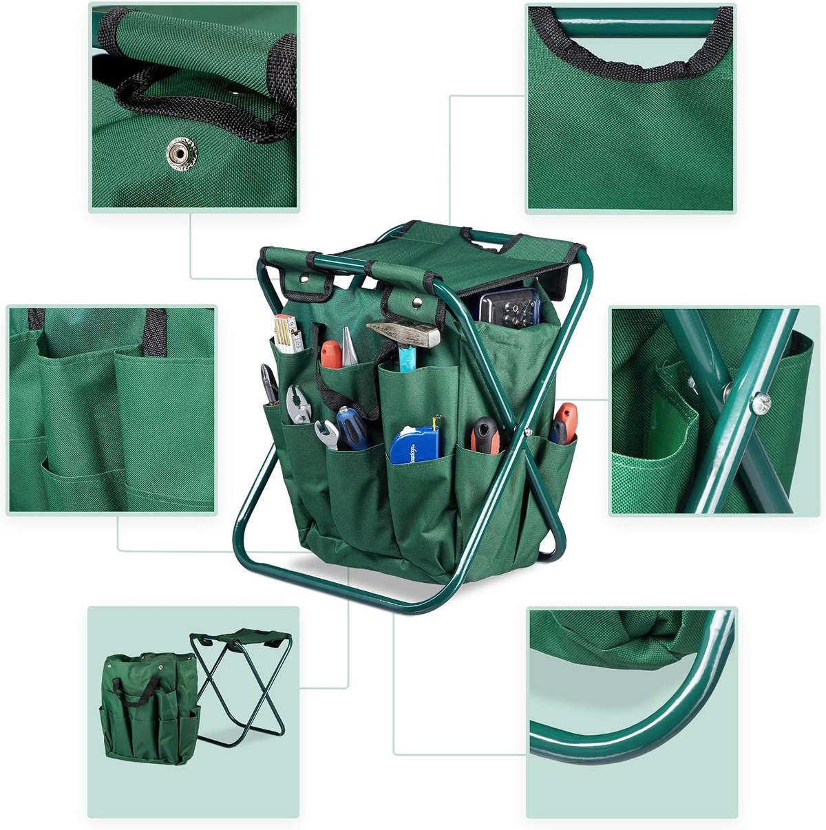 Banco dobrável de jardinagem com saco organizador para ferramentas – Verde escuro, 42 × 30 × 39 cm