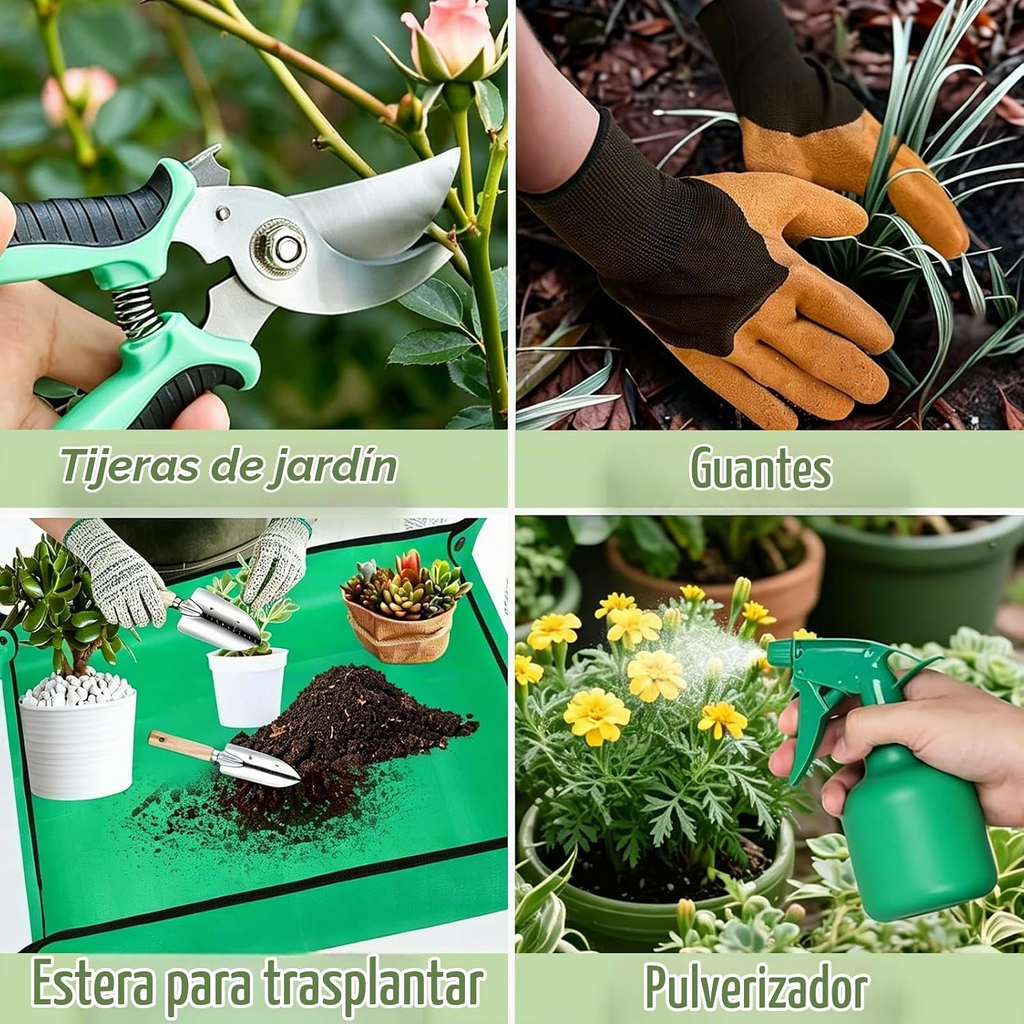 Conjunto de 12 peças de jardinagem em aço inoxidável com pá, tesoura de poda e saco de arrumação