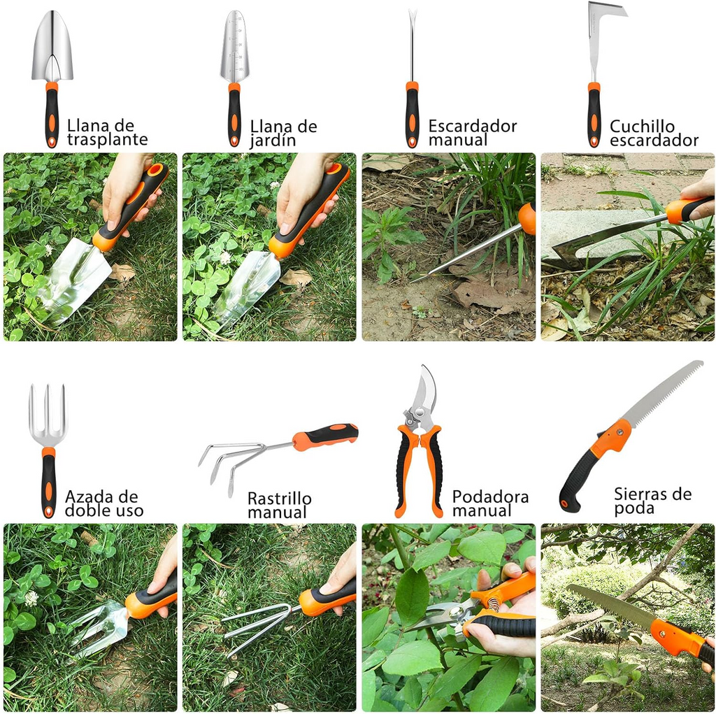 Conjunto de 10 ferramentas de jardinagem resistentes em aço inoxidável – Preto e laranja