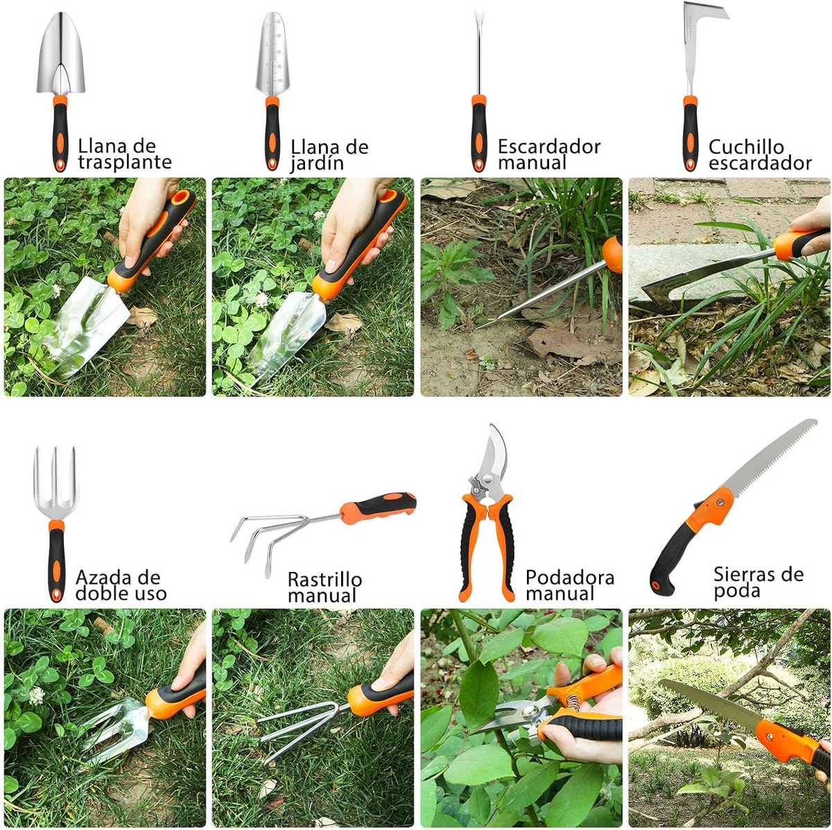 Conjunto de 10 ferramentas de jardinagem resistentes em aço inoxidável – Preto e laranja