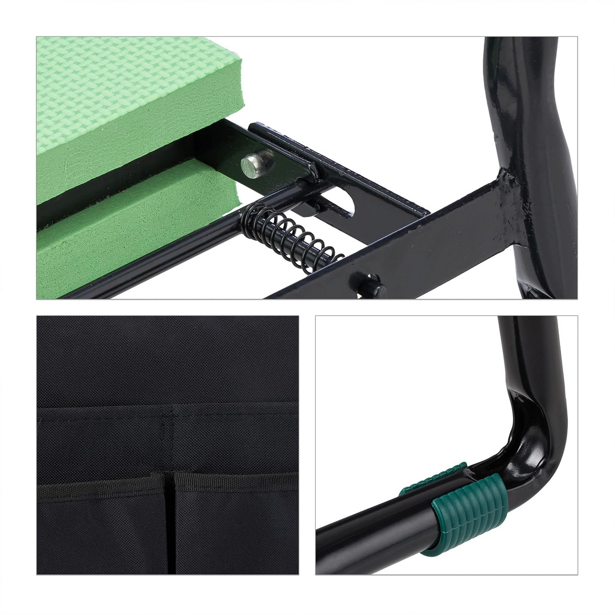 Banco de jardim e ajoelhador dobrável, até 150 kg, com 2 bolsos – Preto e verde