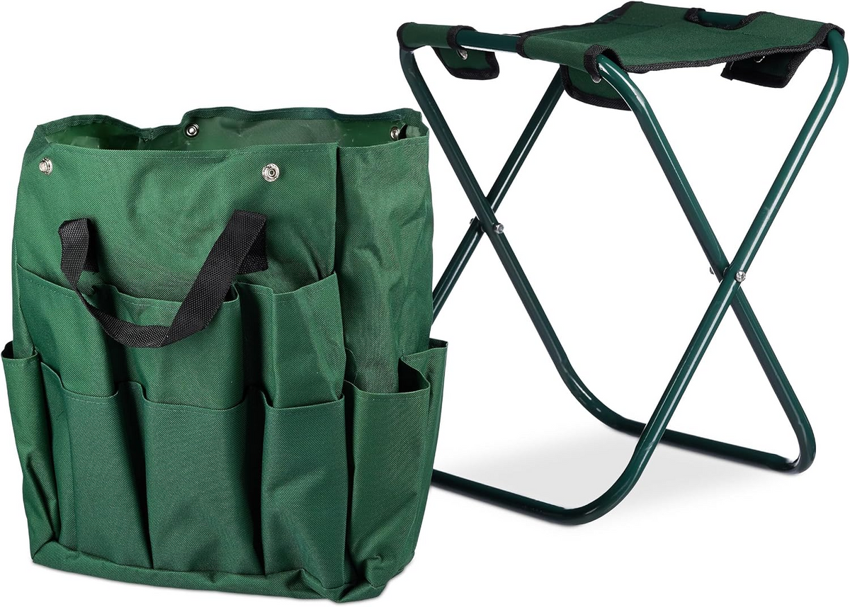 Banco dobrável de jardinagem com saco organizador para ferramentas – Verde escuro, 42 × 30 × 39 cm